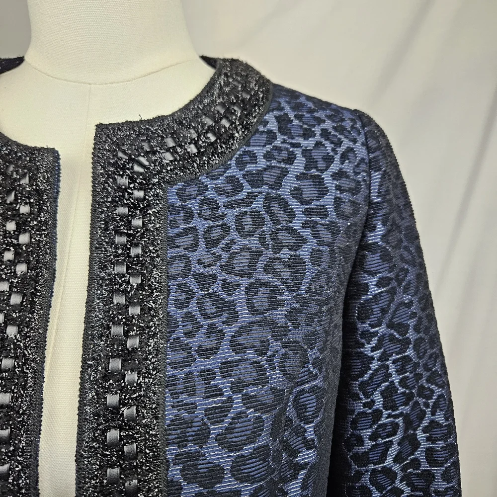 Chicos Leopard Print Metallic Blue‎ Jewel Lined Blazer Sz 0 Maximalist Luxury
